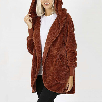 

Tailored Womens Casual Jacket Winter Warm Plush Hoodies Solid Pocket Long Outercoat Coat