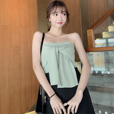 

Womens Solid Lace Up Strapless Stretch Knitted Wrap Top