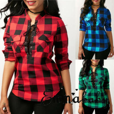 

US Womens Plaid Casual Tops Shirt Loose Fashion Blouse Clothes Plus Size T-Shirt