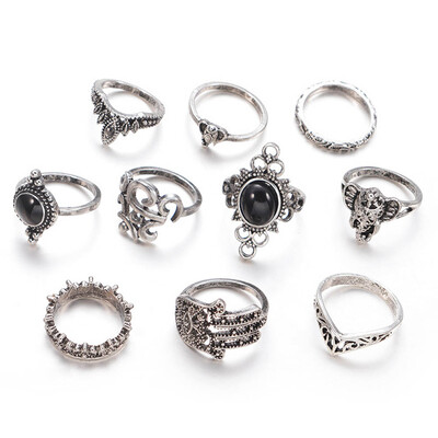 

10pcsSet Vintage Drop Water Elephant Ring Sets Women Rings Jewelry Hollow Ladies Girls Delicate Vintage Ring For Gifts