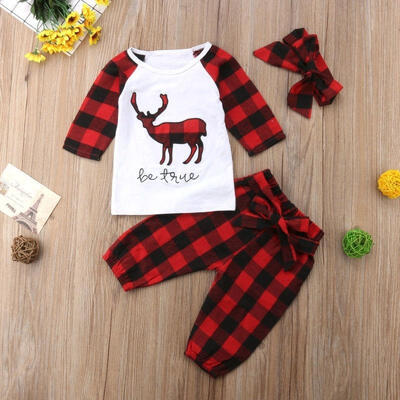 

Newborn Baby Boy Girl Xmas Deer Plaid Tops Bow Pants Leggings 3Pcs Outfits Set