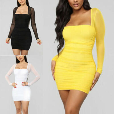 

Sexy Women Mesh Sheer See Through Long Sleeve Bodycon Club Mini Short Dress New