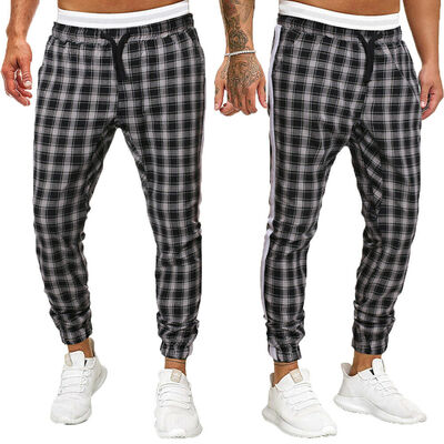 

Mens Checkered Track Pants Premium Plaid Stretch Skinny Fit Casual Trousers Pant