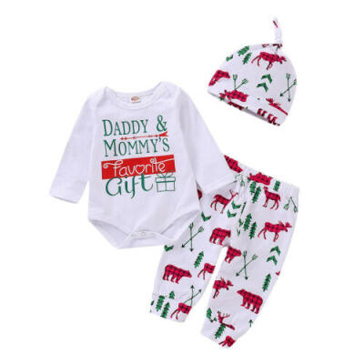 

US Christmas Kids Baby Girl Boy Top Deer Leggings Pants Hat Outfits Set Clothes