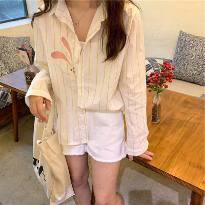 

Loose Casual Autumn Womens Blouse Embroidered Rabbit Vertical Striped Shirt Ladies Lazy Tops Fashion Printed Shirt