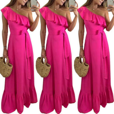 

Fashion Women One Shoulder Ruffle Lace-up Slim Evening Party Cocktail Long Dress