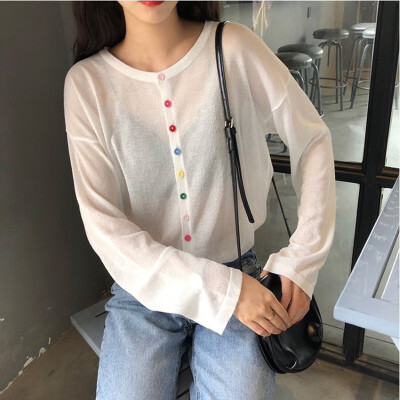 

Women Summer Knitted Round Collar Button Long Sleeve Casual Knit Pullover Loose Solid Color Tops Fashion