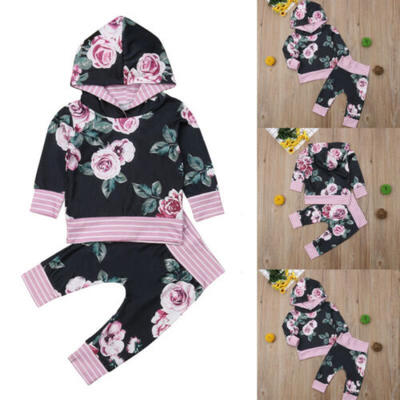 

Newborn Toddler Baby Girl Flower Hooded Tops T-shirt Long Pants Outfits 2pcs Set