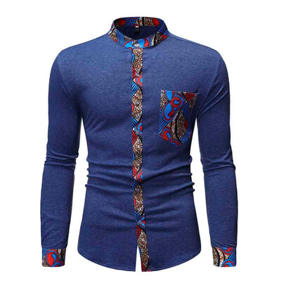 

Toponeto Men Casual Printed Button Pocket Long Sleeve Stand Collar T-Shirt Top Blouse