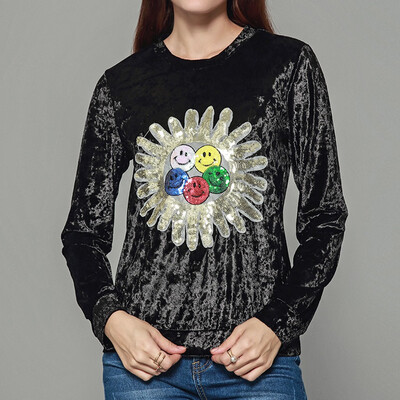 

Tailored Fashion Women Leisure Applique Long Sleeve Solid Color O-Neck Sweatshirt Tops