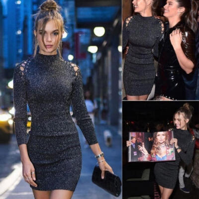 

Womens Sequin Long Sleeve O Neck Bodycon Mini Cocktail Party Black Dress New