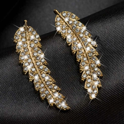

Gorgeous Feather Ear Climbers 925 Sterling Silver Wing Gold Clear Crystal Leaves Cluster Cuff Earrings For Women