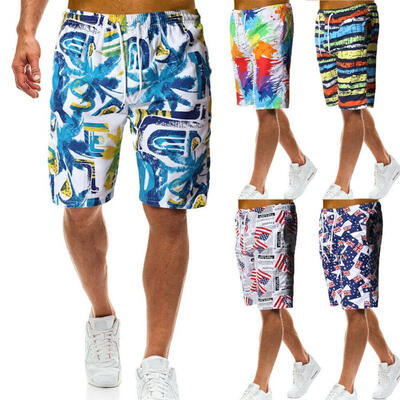 

Men Summer Beach Shorts Multi-color Elastic Swim Trunks Graffiti Style Casual Loose Short Pants