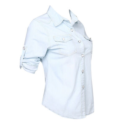

Women Denim Pockets Button Comfy Shirt Long Sleeve Jeans Tops Tunic Blouse Tops