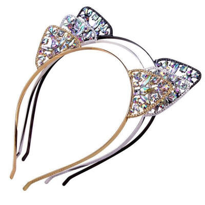 

Girls Cat ear alice band headband Metal Rhinestone Cat Ear Headband Hair band Costume Party Cosplay Color Black Silver