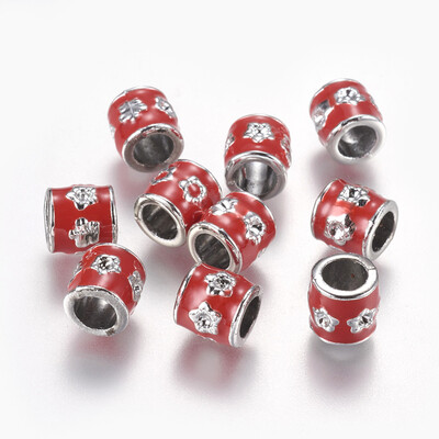 

Alloy European Beads Large Hole Beads with Enamel Column with Flower Silver Red 85x85mm Hole 5mm