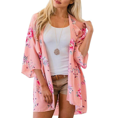 

New Summer Women Chiffon Kimono Floral Print 34 Sleeve Cardigan Boho Beachwear Bikini Cover Up