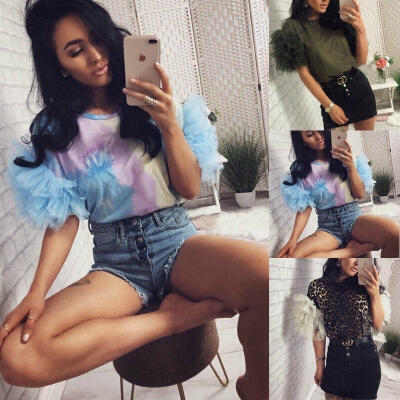 

UK Women Summer Tulle Ruffle Short Sleeve T Shirt Ladies Loose Casual Blouse Top