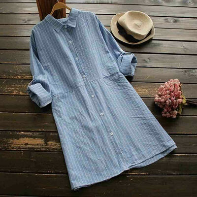 

Plus Size Women Button Tunic Blouse Long Sleeve Loose Cotton Linen Shirt Tops