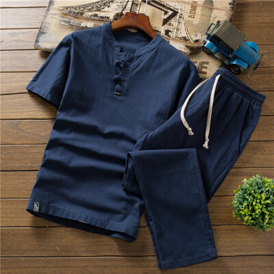 

Toponeto Summer Fashion Mens Cotton And Linen Short Sleeve Shorts Set Suit Tracksuit