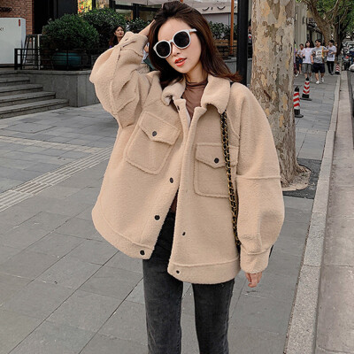 

Roseonmyhand Women Outwear Long Sleeve Lamb Hair Lapel Warm Coat Plush Jacket Overcoat