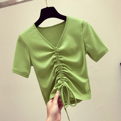 

Womens Slim Fit Lace Up T-shirt Solid Tops Short Sleeve Drawstring V-neck Shirts