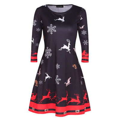 

New Fashion Casual Womens Long Sleeve Santa Snowman Printed Colourful Christmas Dress
