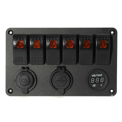 

6 Gang LED Rocker Switch Panel Voltmeter Dual USB Power Charger Marine Boat RV