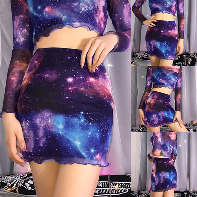 

Roseonmyhand Fashion Women High Waist Starry Sky Print Mesh Short Mini Skirt Dress