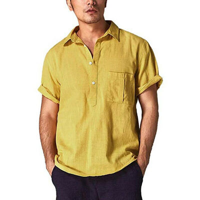 

Mens Casual Linen Short Sleeve Summer Solid Shirts Loose Dress Soft Tops Tee