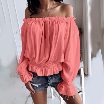 

Womens Long Sleeve T-Shirt Boat Neck Off Shoulder Blouse Tops Casual Pullover