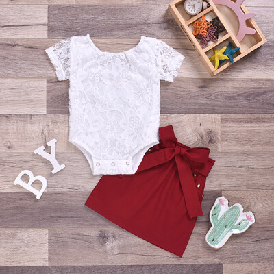 

Infant Baby Girl Flower Short-Sleeved Lace Bodysuit Top A-semi-skirt Sundress