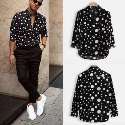 

UK STOCK Mens Summer Long Sleeve Polka Dot Shirts Casual Formal Slim Fit Shirt