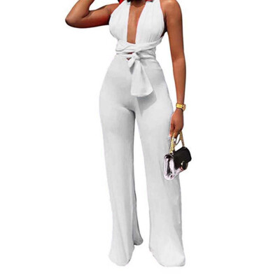 

Starmoon Women Summer Sexy Strap V Neck Solid Waistband Lace-up Long Pants Jumpsuits