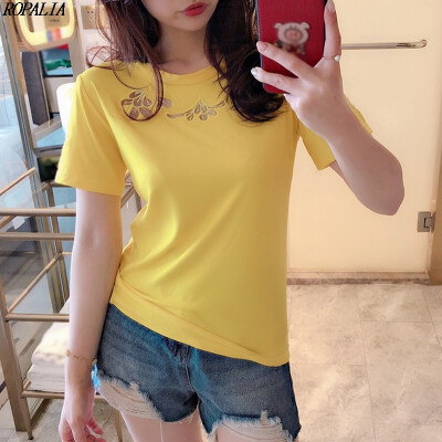 

Womens Round Neck Mesh Floral Embroidery Short Sleeve Hollow Out Slim Basic T-Shirt