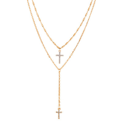 

Fashion Crystal Cross Bohemian Necklaces Pendants Double Layered Gold Chain Long Necklace Catholic Religious Christian Jewelry