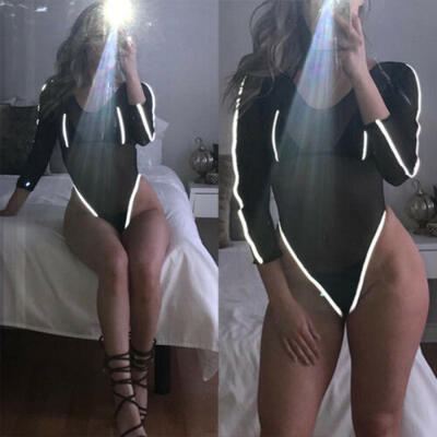 

Sexy Women Bodycon Bodysuit Long Sleeve Mesh Jumpsuit Romper Black Top Shirt