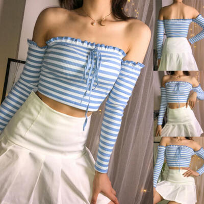 

Women Summer Casual Off Shoulder Tank Top Vest Blouse Long Sleeve Crop Top Shirt