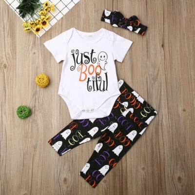 

Halloween Baby Boy Girl Cute Letter Short Sleeve Romper TopLong Pants Headband 3Pcs Outfits Set