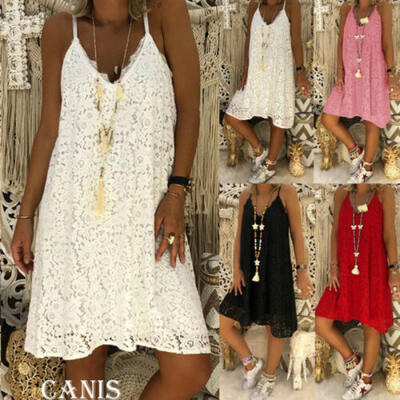 

New Womens Holiday Summer Lace Sleeveless Party Beach Loose Short Dress Sundress