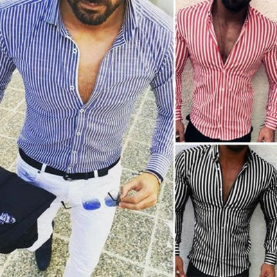 

Men Shirt Long Sleeve Slim Fit Stripe Lapel Button Top Men Casual Shirts