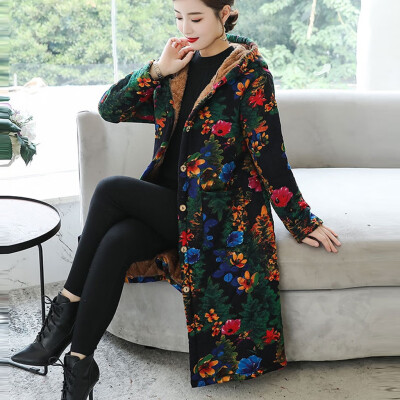 

Toponeto Fashion Women Hooded Warm Retro Printing Top Long Sleeve Blouse Loose Coat