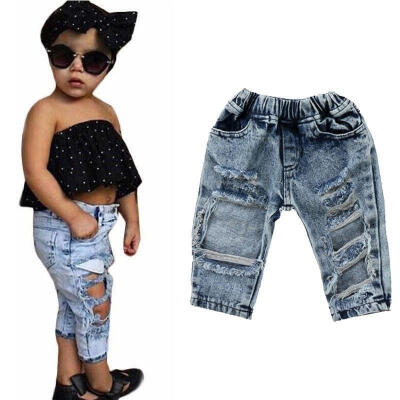 

Kids Girls Patch Denim Pants Stretch Elastic Trousers Jeans Ripped Clothes Patch