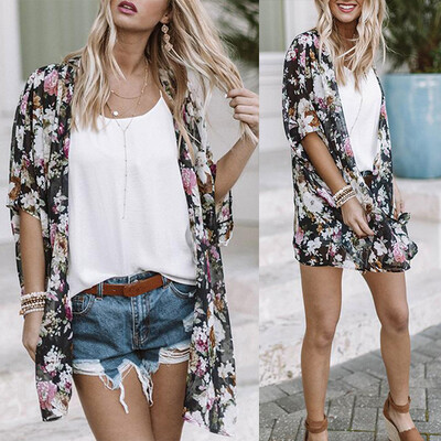 

Women Kimono Cardigan Floral Print Boho Half Sleeves Loose Long Bikini Cover Ups Beachwear