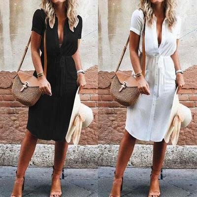 

Hot Women Lady Short Sleeve V-neck Casual Loose Long Shirt Tea Dress Top