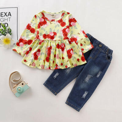

Toddler Kids Baby Girl Clothes Flower TopsDenim Pants 2PCS Outfits Set Autumn