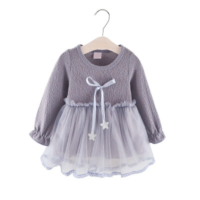 

Spring Baby Girls Dress Casual Long Sleeve Mesh Design Dress with Bowknot Costume Children Princess Dresses