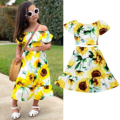 

US Summer Kid Baby Girls Off Shoulder Flower Crop TopsMaxi Skirt Dress Clothes
