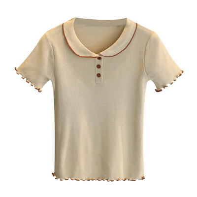 

Cute Crochet Peter Pan Collar Cute Female Teens T-shirt Short Sleeve Contrast Color Chic Womens Summer Cozy Tee Shirt New
