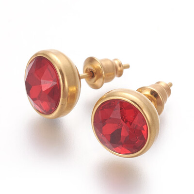 

304 Stainless Steel Ear Studs with Cubic Zirconia Flat Round Golden DarkRed 10x17mm Pin 07mm